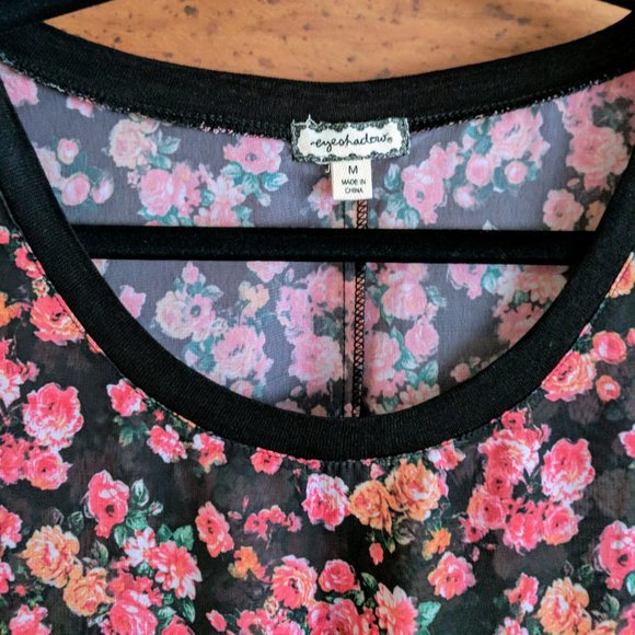 Cute Black Pink Floral Pocket Blouse Top Eyeshadow - Picture 2 of 3
